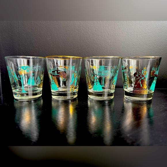 4 MCM Turquoise Gold Tumbler Drinking Whiskey Glass Steamboat Lamplighter 70s - Picture 1 of 4